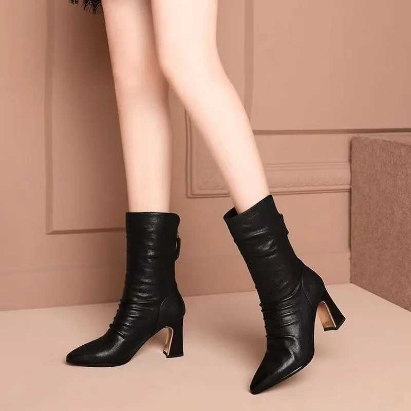 2024 Women Soft Leather Mid Calf BootsFi High Heels ShoesPointed Toe Short BotasBack ZipBlackRedDropshipXJ250217