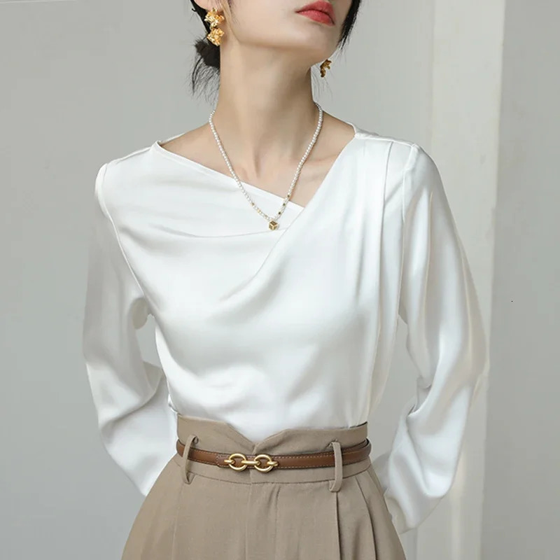 Satin Womens Shirts Silk Solid Casual Blouses Loose SpringSummer Ladies Clothing FASHION Long Sleeves White Tops 250217