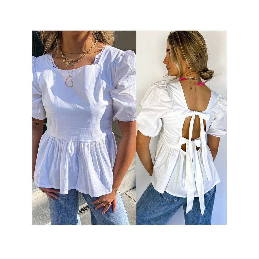 Fashion Backless Short Sleeve Shirts For Women Casual Back Lace Up Tops 2024 Spring Summer Chic Ladies Shirt Loose Streetwear
