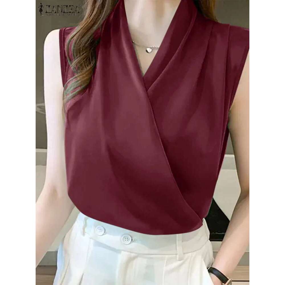Elegant V Neck Sleeveless Satin Blouse 2024 ZANZEA Summer Women Office Work Tops Female Casual Solid Pleated Shirt Blusas Mujer