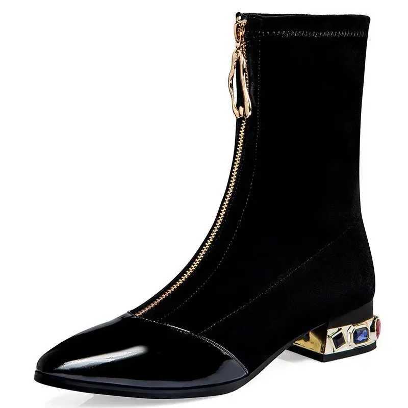 Women Shiny Sequin Ankle Boots Winter Fi Pointed Frt Zipper Rhine Square Heels Short Boots Motorcycle ShoesXJ250217