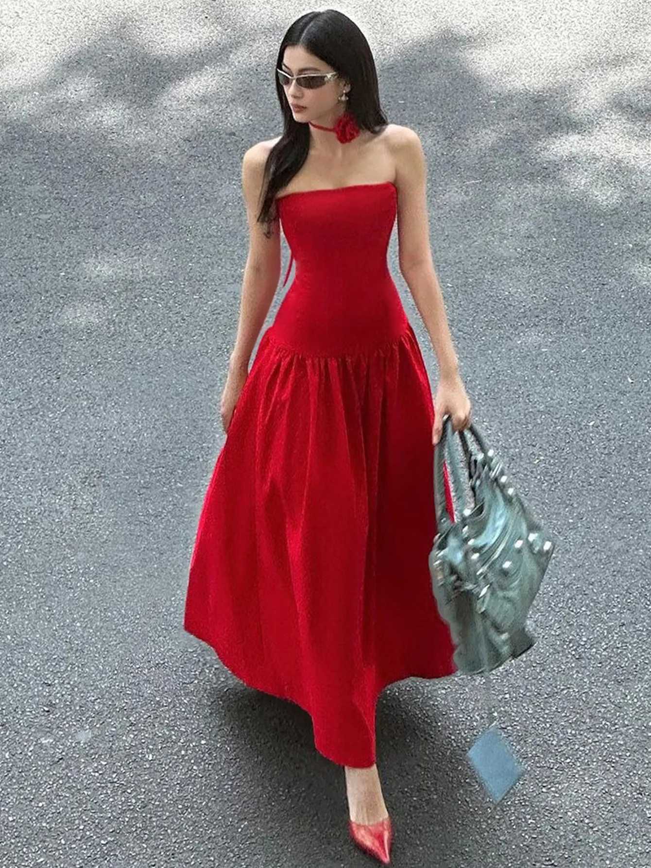 Basic Casual Dresses Lygens Elegant Evening Strapless A Line Prom Dress 2204 Fashion Y2K Korean Solid Strtwear Party Ladies Clothes Casual H25217