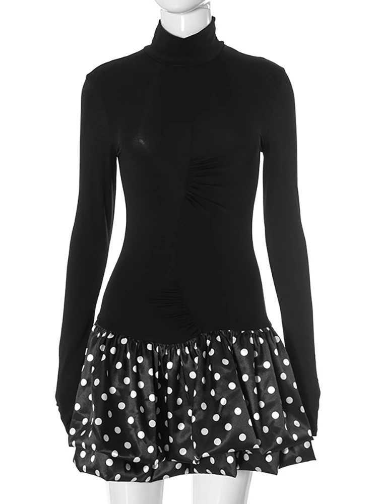 Basic Casual Dresses Fantoye Turtleneck Patchwork Print Polka Dot Women Mini Dress Leopard Long Slve Dress Female Winter Skinny Elegant Strtwear H2521