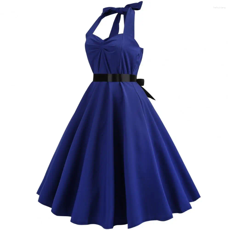 Casual Dresses Halter Neck Pleated Waist Dress Women Long Elegant Lace-up A-line Midi For Retro Cocktail