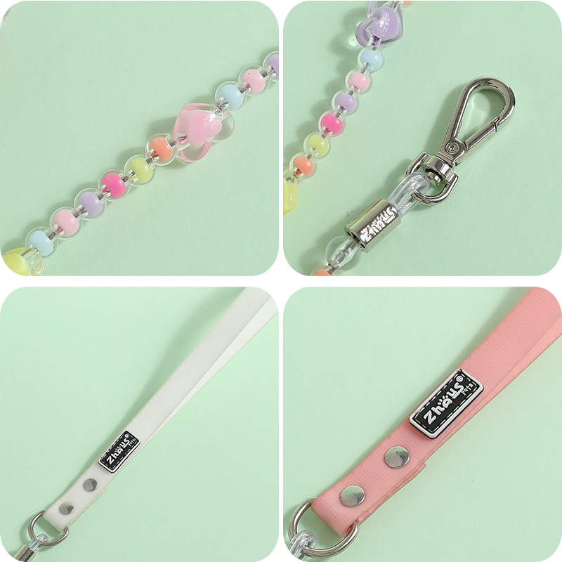 Fashion Dog Leather Collar with Two Rows of Colored Beads, Dog Collar Leash Set for Small Medium Dogs, Pet Neck Decoration, Adjustable Pet Collar Pink