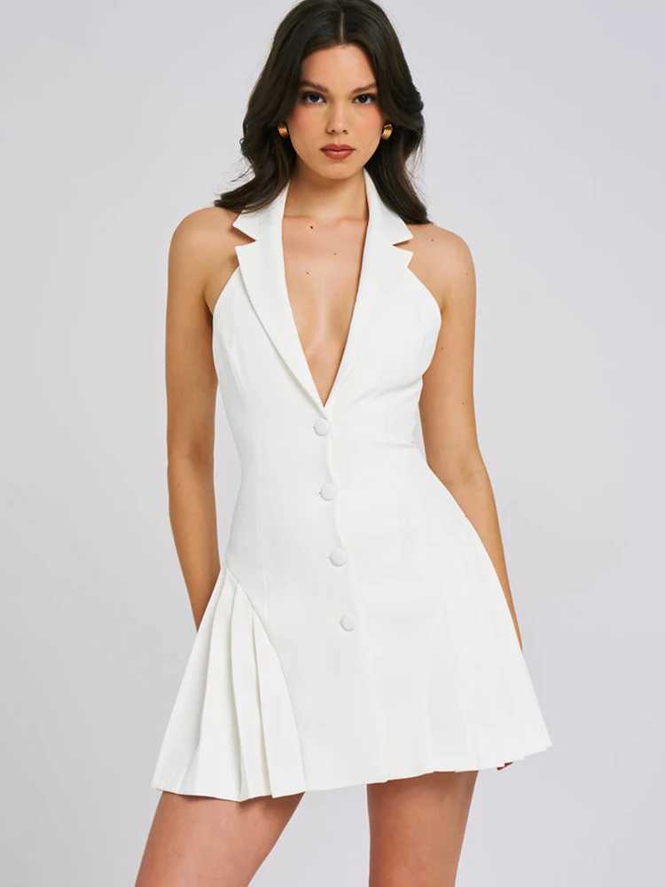 Basic Casual Dresses Fantoye Sexy Notch Collar Pleated Women Dress Khaki Backless High Waist Blazer Dress Female Summer Skinny Elegant Party Clubwear 