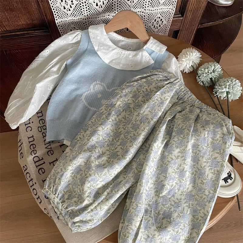 Spring Autumn Children Girls 3PCS Clothes Set Solid Shirts Knitted Vest Floral Loose Pants Suit Toddler Girl Outfits W250218