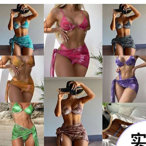 2025 New Printed Strip Pit Marble Pattern Swimsuit Women's 3-piece Set Bikini Bathing Suits Bathing Suits Designer Womens Swimwear New Arrival Ne