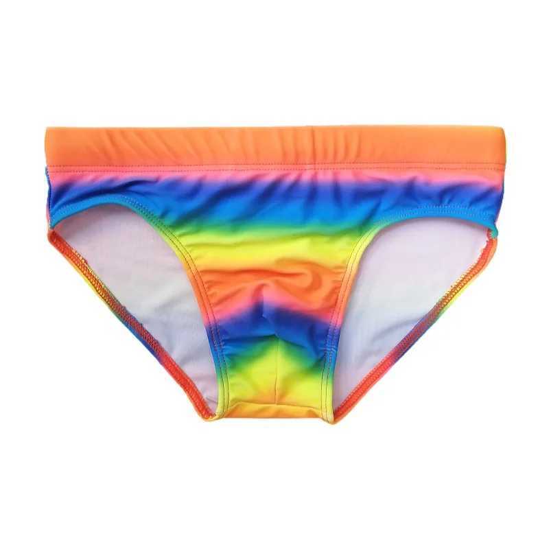 Mens swimming trunks rainbow print low waist sexy cup tether triangle swimming trunks M250218