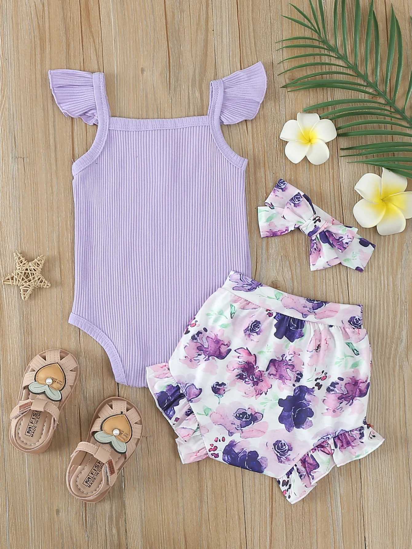 Summer Newborn Baby Girl Clothes Set Sleeveless Bodysuit Printed Shorts 3pcs Clothing Suit Baby Girl Clothes For 0-1Years W250218
