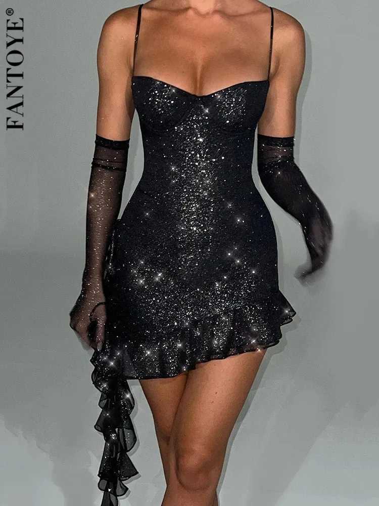 Basic Casual Dresses Fantoye Sparkling Bright Silk Ruffle Edge Women Dress Black Spaghetti Strap Gloves Dresses Winter Skinny Elegant Party Clubwear H