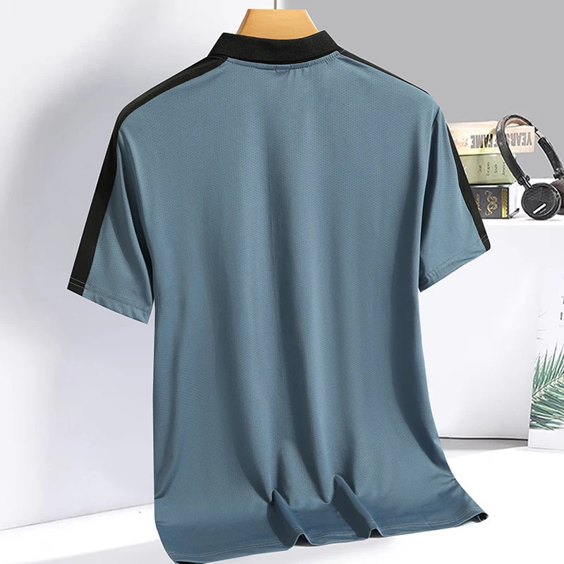 Mens Polo collar top with summer ice silk breathable quick drying short sleeved Tshirt patchwork contrasting color polo shirt 250219