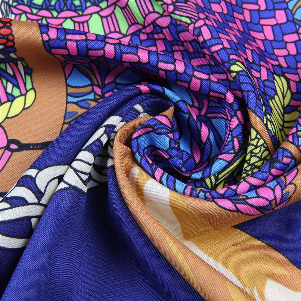 Handmade Curled Twill Silk Scarf Womens Timpani Printed Square Scarf Echarpes Curled Foulards Womens Wrapped Bandage Headscarf 90CM 250213
