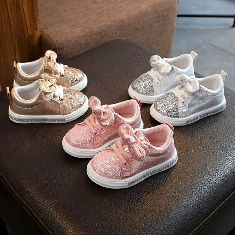 Free Girls Child Soft Sole Sports Shoe Kids Sequins Casual Sneakers Cute Bowknot Shinny Shoes Z250217