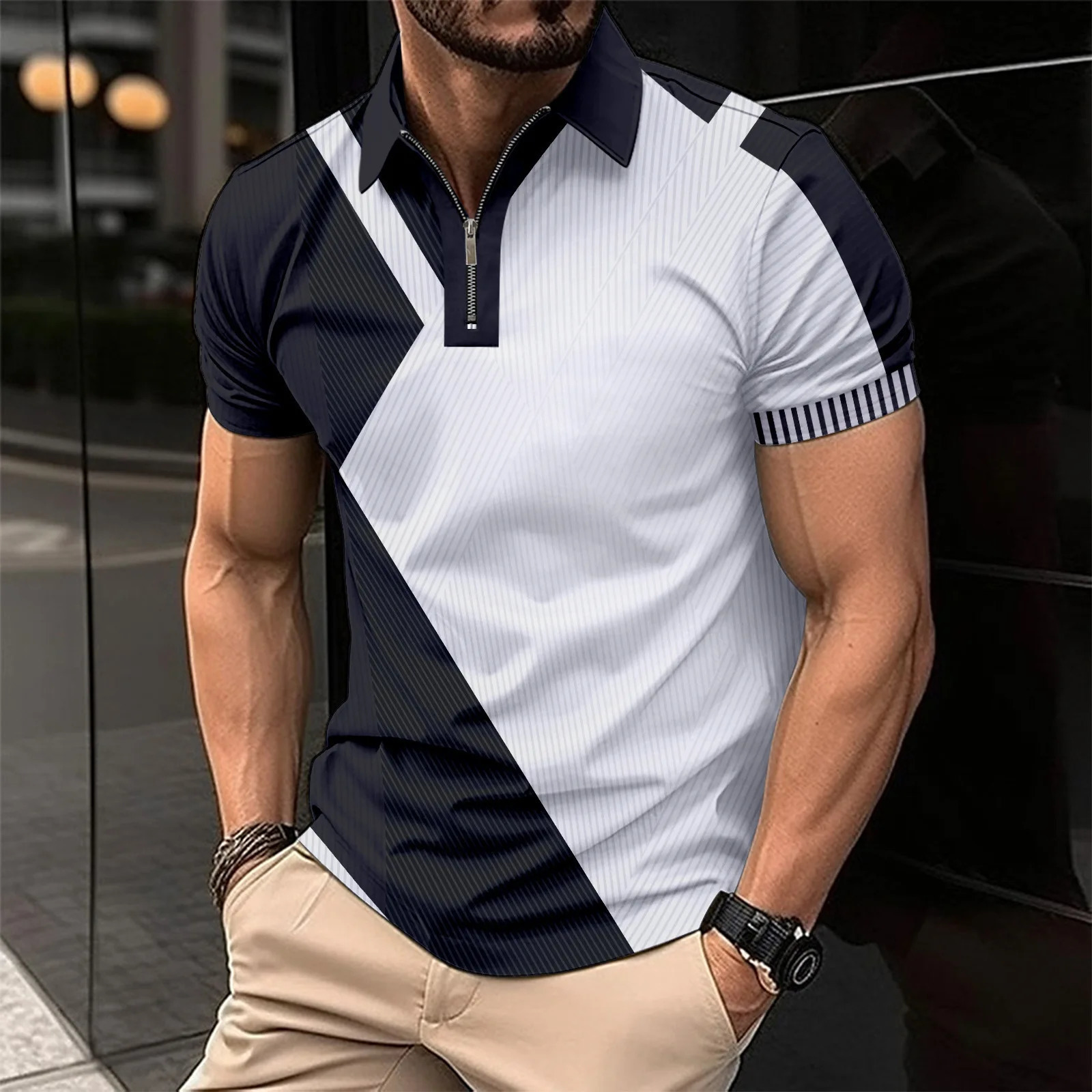 High Mens Casual Short Sleeved Stripe Polo Shirt Zipper Business Golf Top Men Breathable Tops Clothing 250213