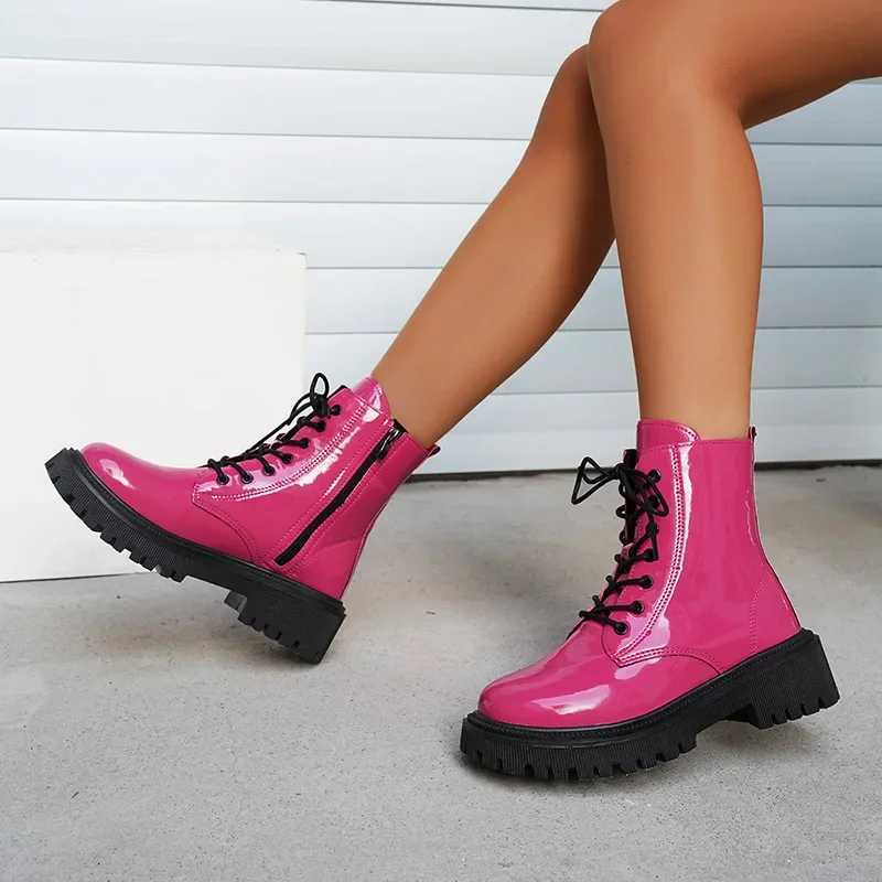Lucyever 2023 Fi Pink Motorcycle Boots Women Pu Leather Platform Ankle Boots Woman Autumn Winter Plus Size Lace Up ShoesXJ250217