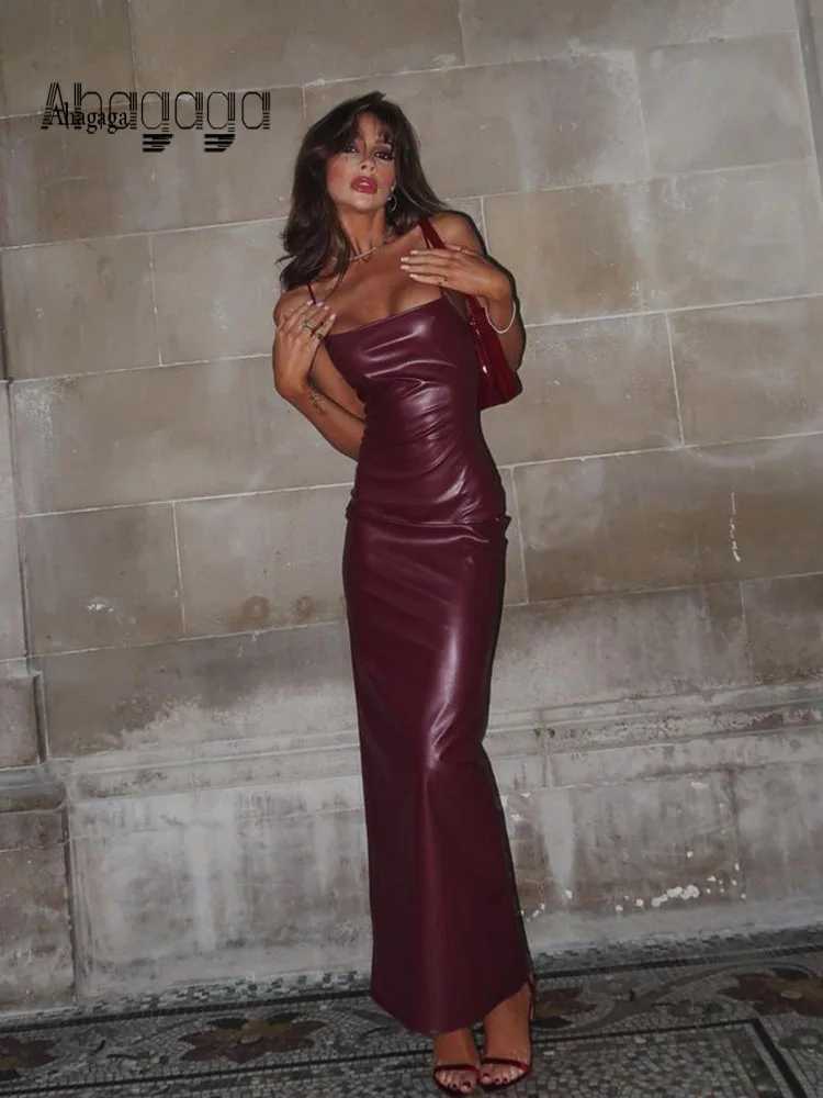Basic Casual Dresses Ahagaga Fashion Sheath Womens Leather Dresses Sexy Solid Camisole Split Maxi Zipper Slveless Fold Party Bodycon Vestidos Robe H25