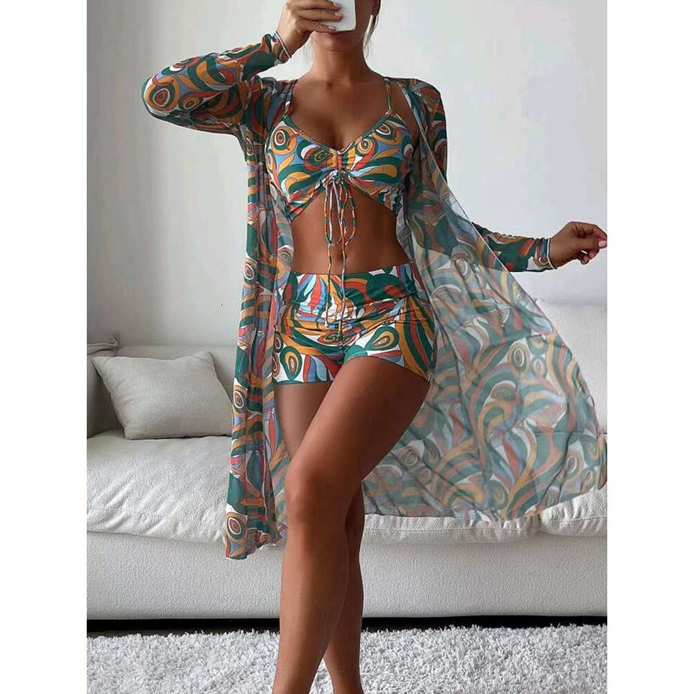 bikini three piece set with digital printing, draped in flat leg pants, swimsuit for women, 2025 new style, chic and elegant clothing