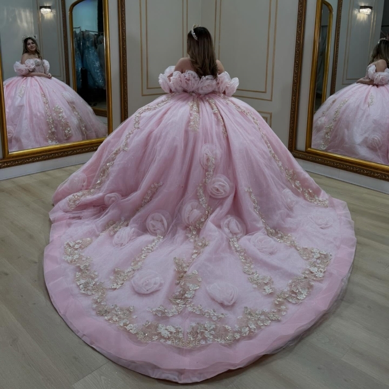 Pink Quinceanera Dresses Ball Gown Off Shoulder Appliques Flower Beading Crystal Tull Sweet 16 Dress Vestidos 15 De Anos