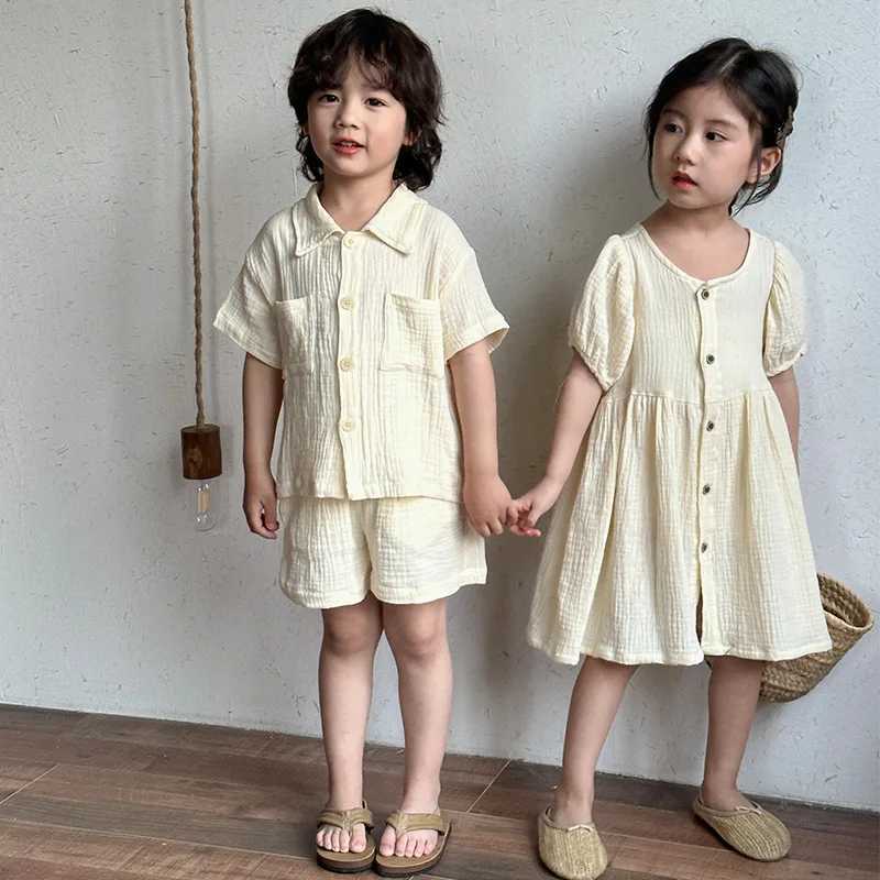 Childrens Summer Clothing Set Boys Short Sleeve Shirt Shorts 2pcs Casual Suit Girls Solid Color Dress Sister Brother Outfit W250218
