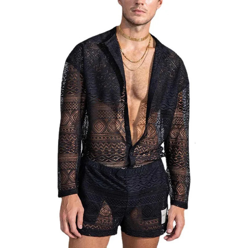 2024 Cross-border European and American mens long-sleeved lace cut-out shirt casual shorts mens suit 250217