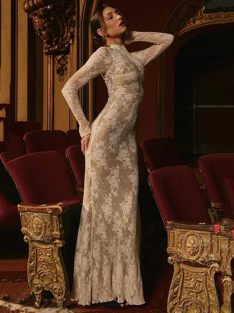 Basic Casual Dresses Fantoye Print Floral Peach Lace Maxi Dress Women Long Slve Round Neck Dress Female Winter Slim Elegant Partywear Vestidos 2024 H2