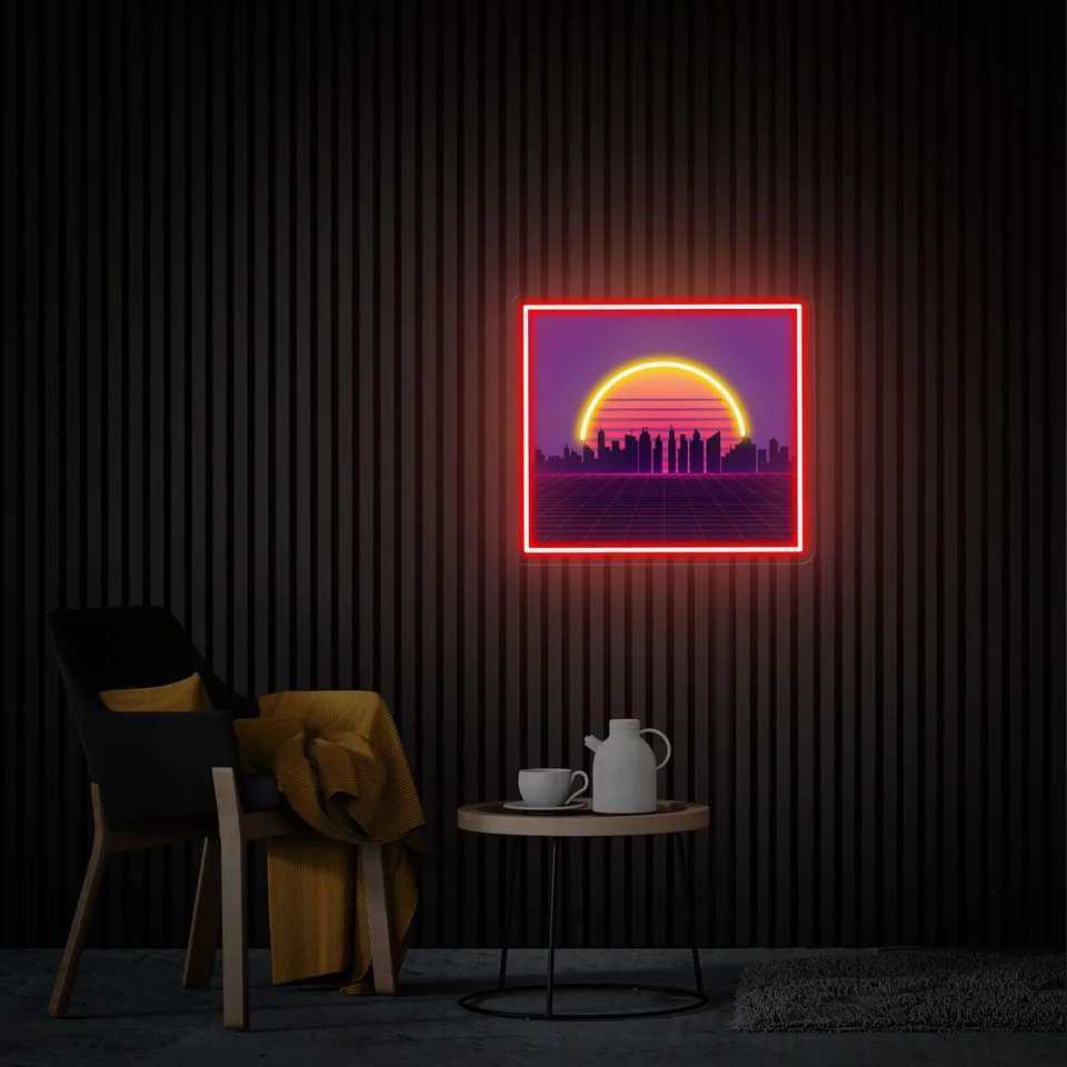 Sunset Vaporwave UV Printed Neon Sign Tropical Sunset Handmade Acrylic Artwork Custom Neon Sign Ideal Gift for Bedroom Z250218