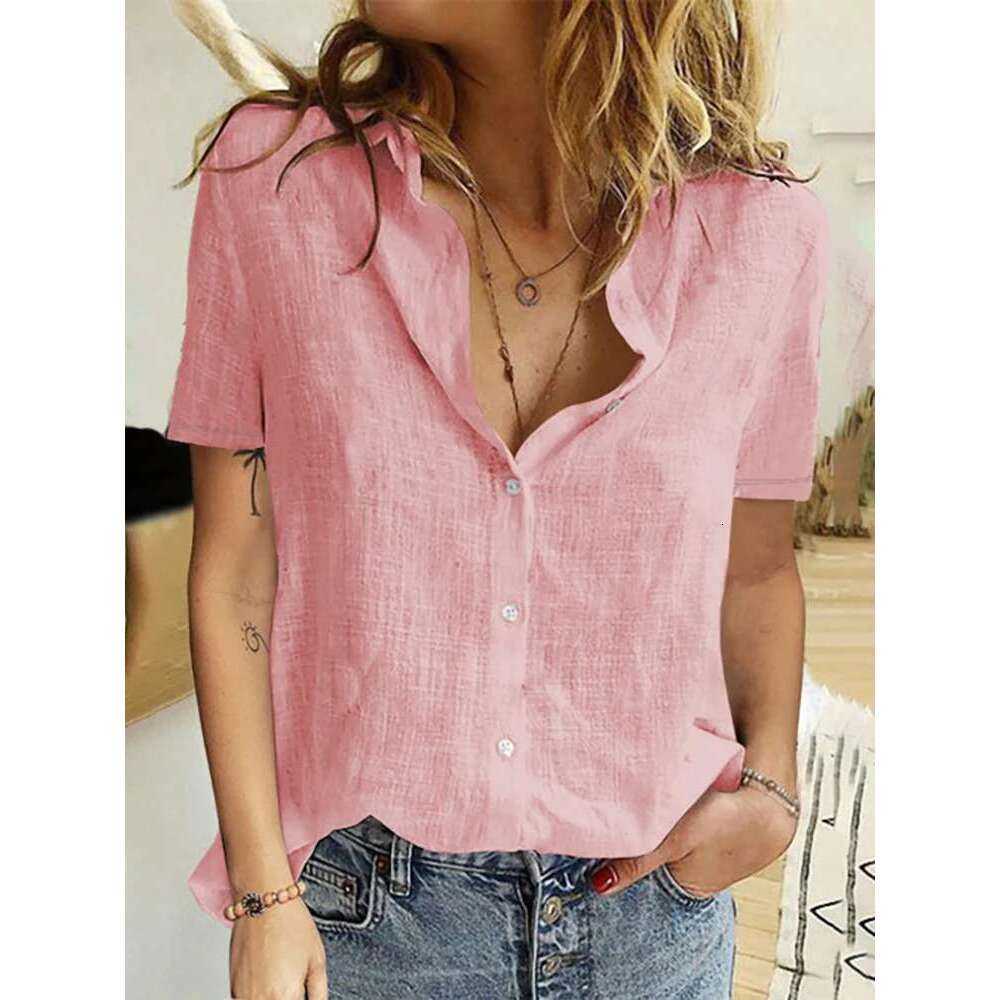 Casual Summer Short Sleeve Solid Loose Shirts Women Elegant Vintage Haruku Cotton En Blouses And Tops Oversized Tunic