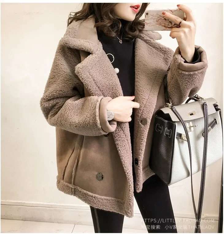 Lamb-Wool Spliced Single-Breasted Lapel Jacket, Autumn And Winter New Korean Version Of Loose Long-Sleeved Jacket Tide Women