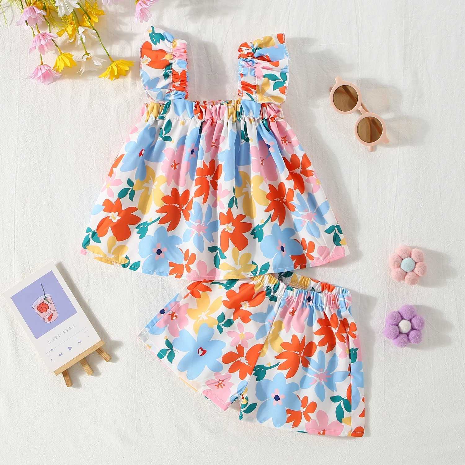 2 Pieces Set Summer Baby Girl Clothes Set Colorful Flower Printed Top with Shorts Baby Girl Korean Outfit W250218