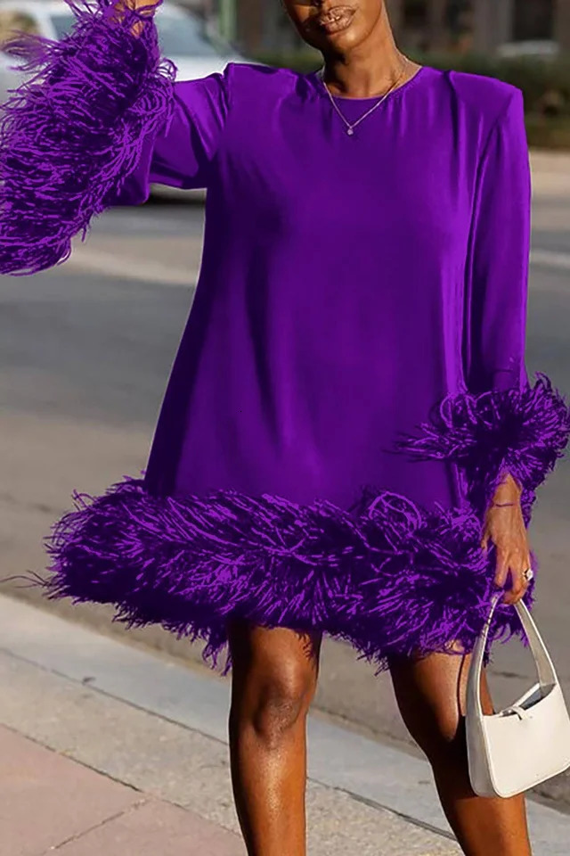 Plus Size Feather Mini Dress Long Sleeve Round Neck Elegant Party Straight Spring Flare Casual Chic Dresses 2024 250214
