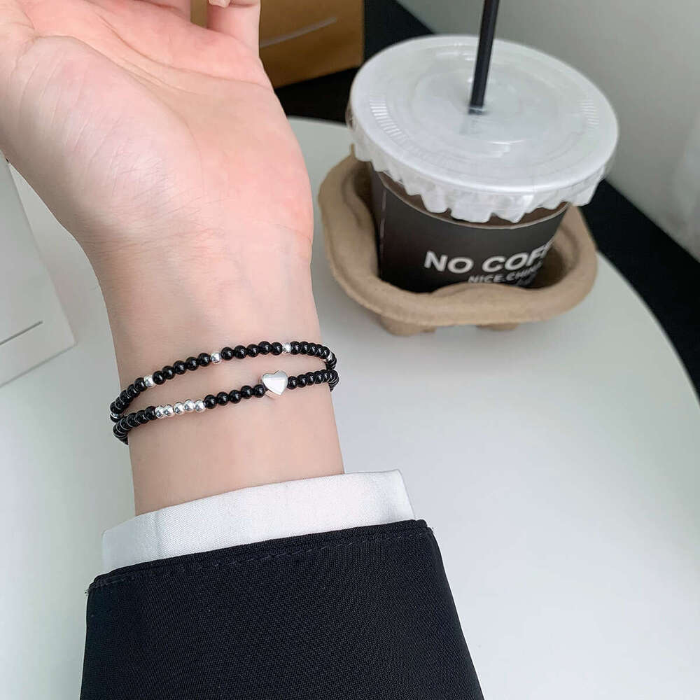 S pure sier versatile round black agate bracelet, niche simple accessory, light fashion, layered bead bracelet for women