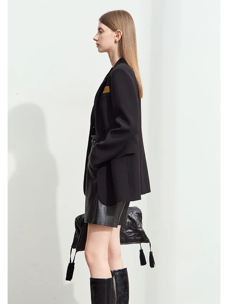 Amii Minimalism Womens Blazers Autumn Lapel Collar Shoulder Pad Fashion Slit Midlength Basic Female Jackets 12443096 250213