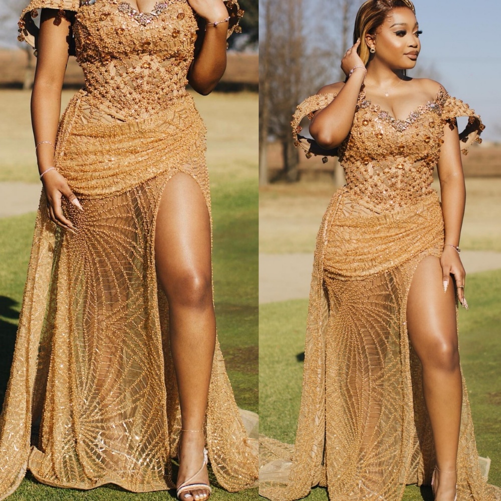 Aso Ebi 2025 Gold Illusion Mermaid Prom Dresses Rhinestones Florals Sequined Evening Formal Party Second Reception Birthday Gowns Dress For Special Oc