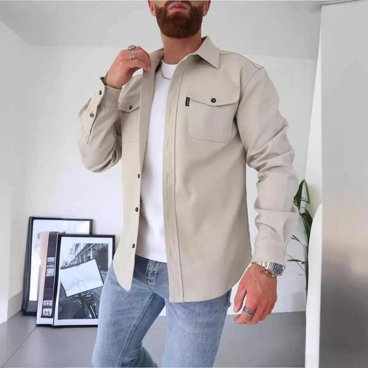 Mens Autumn Winter New Clothing Casual Long Sleeve Pockets Single Breasted Shirt Top Jacket Shacket Solid Color W250217