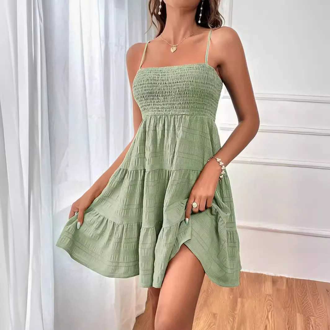 Basic Casual Dresses Bohemian Beach Sundress Women Sexy Slveless Backless Big Swing Mini Dress Solid Spaghetti Strap Ruffles Dresses Vestidos H25217