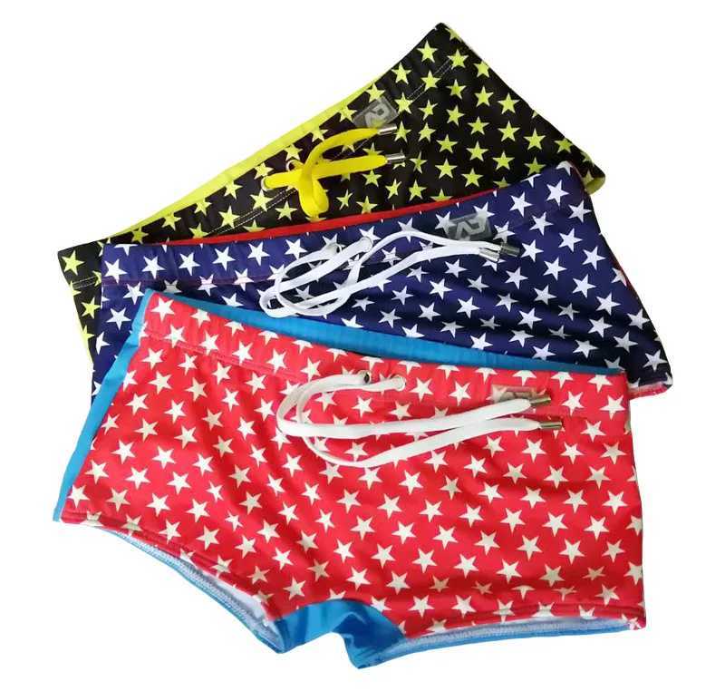 Mens swimming trunks low-rise boxer swimming trunks removable cup anti-embarrassment color matching printed beach pants M250218