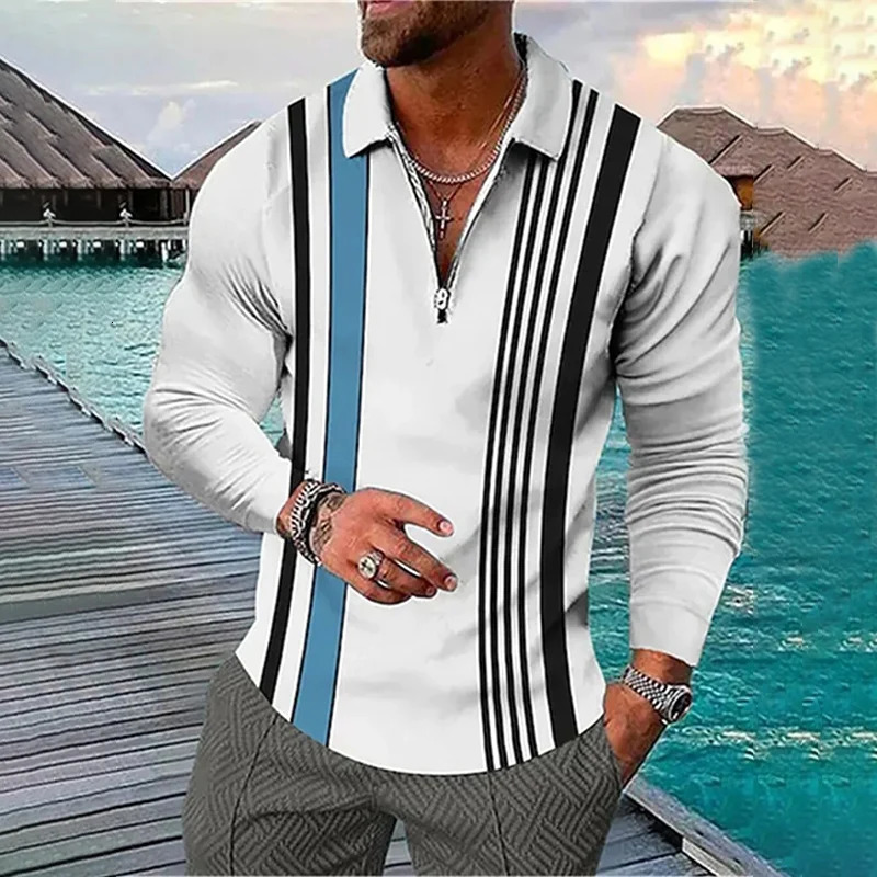 Spring Autumn Men Clothes Fashion Long Sleeve Zipper Polo Shirt Business Casual Lapel Tops 100 Polyester 250219
