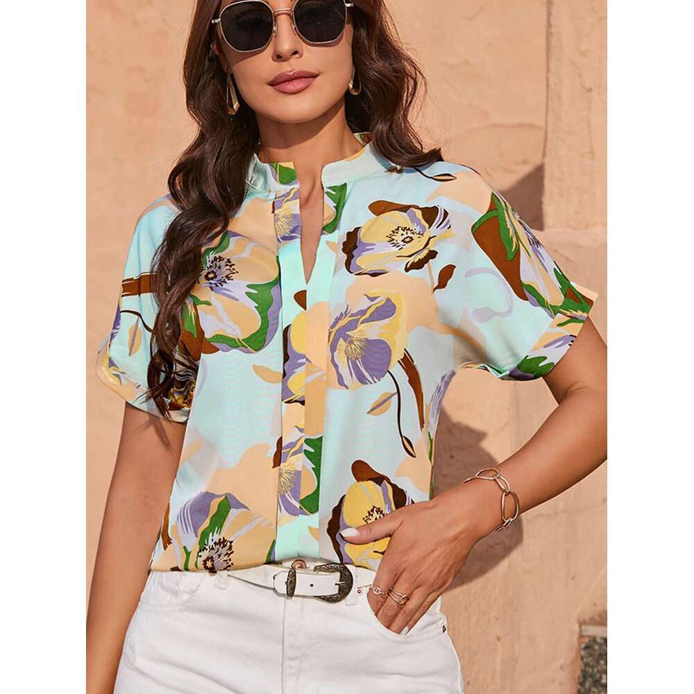 Fashion Retro Wer Print Women Shirts Summer New Casual V -Neck Short Sleeve Blouses Tops