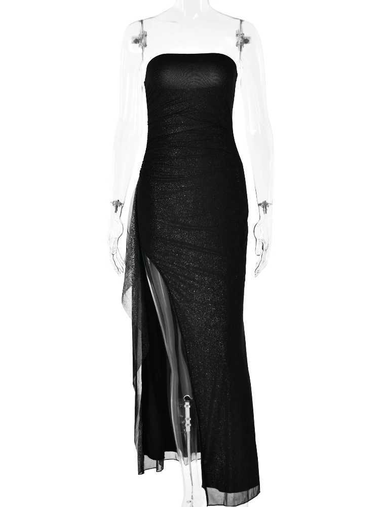 Basic Casual Dresses Fantoye Glitter Bright Silk Sparkling Women Maxi Dress Black Sexy Strapless Evening Dress Autumn New Elegant Party Clubwear 2024 