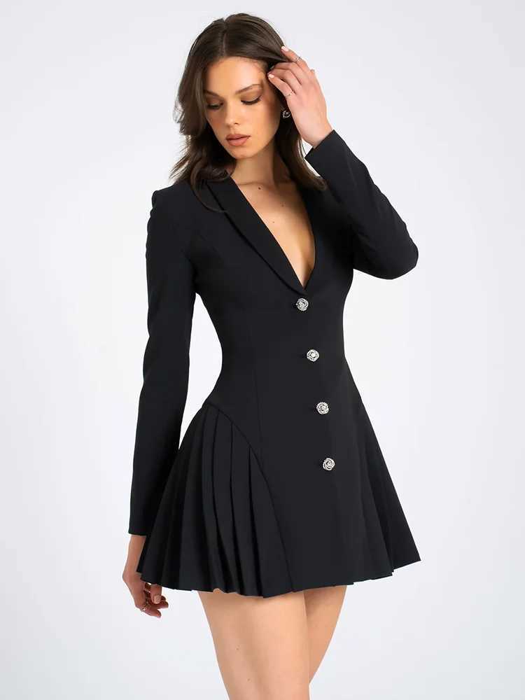 Basic Casual Dresses Fantoye Dp V-neck Single Breasted Pleated Women Blazer Mini Dress Long Slve A-line Dress Autumn New Elegant Official Clothes H252