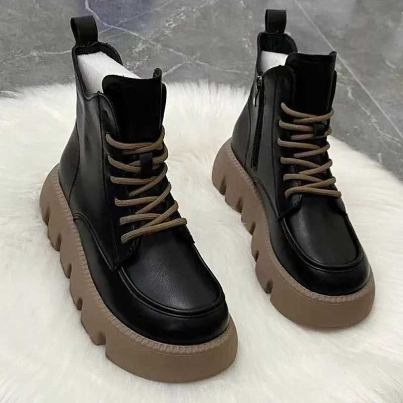 Maogu Laces Footwear Punk Booties Black Combat Lace-up Female Ankle Boots Padded Demi-seas Platform 2023 Short Shoes for WomenXJ250217