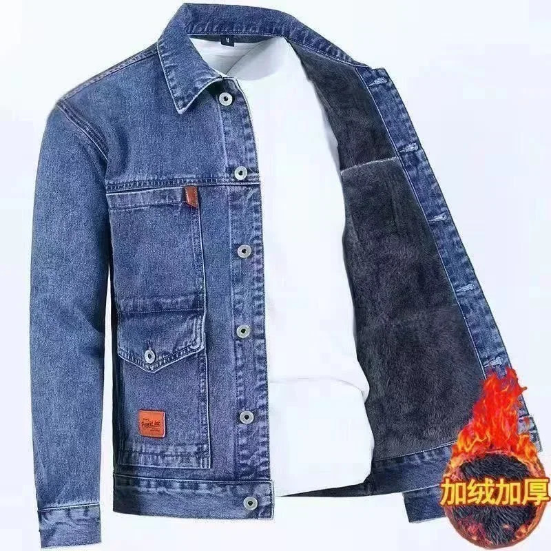 Autumn and Winter Mens Classic Fashion AllMatch Denim Jacket Fleece Thickening Warm HighQuality S5XL 250210
