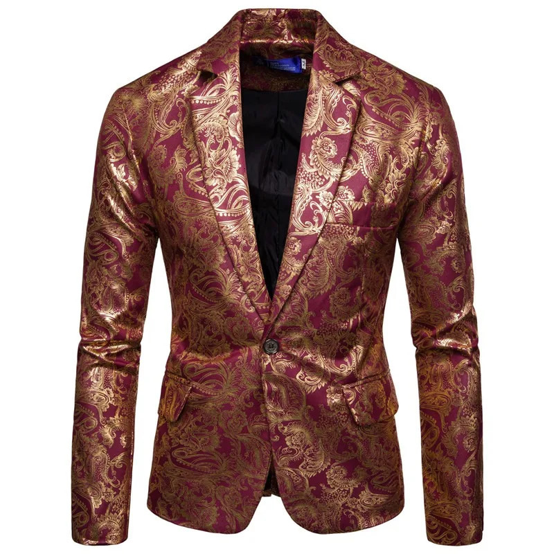 Mens Golden Floral Blazers Business Casual Suit Wedding Dress Gold Blazer Men 250214