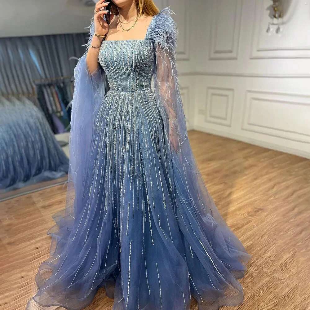 A Dubai E Blue Cape Sleeves Feathers Beaded Evening Dresses Gowns Customize Evening Party