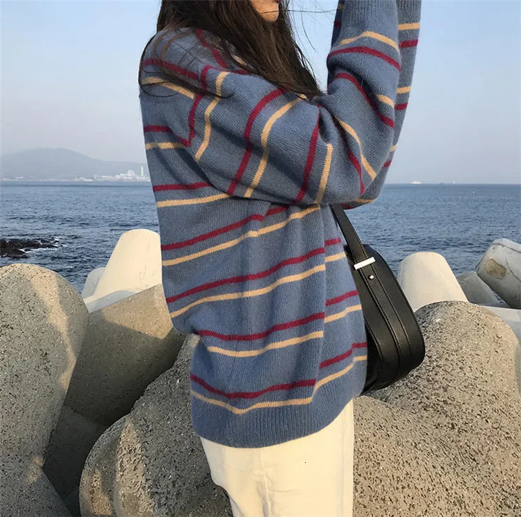 Women Pullovers CrewNeck Knitted Jumper Student Striped Sweater Aesthetic Outfit 250211