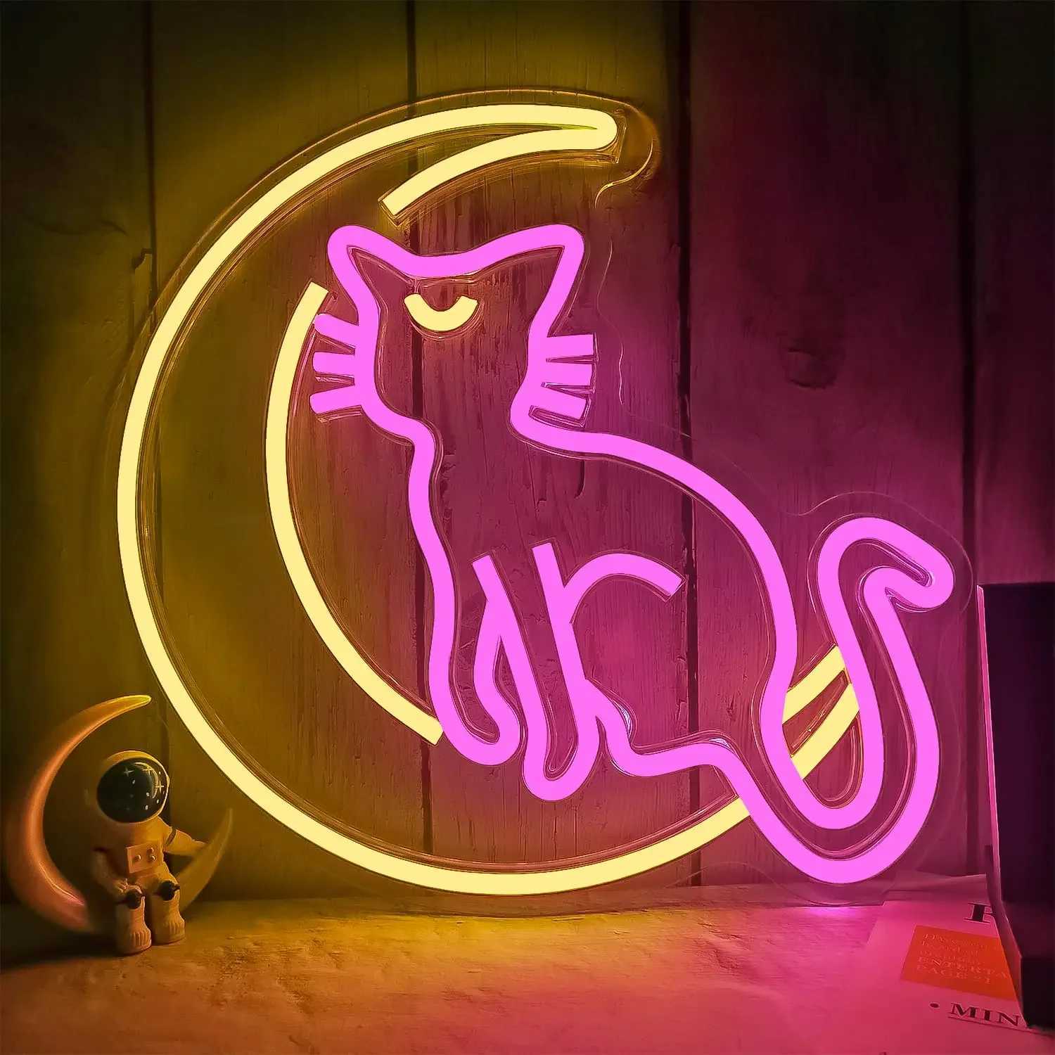 Anime Cat Neon Signs Dimmable Cartoon Luna Neon Lights Moon Cat Neon Light Sign Cute Led Signs for Bedroom Wall for Girls Z250218