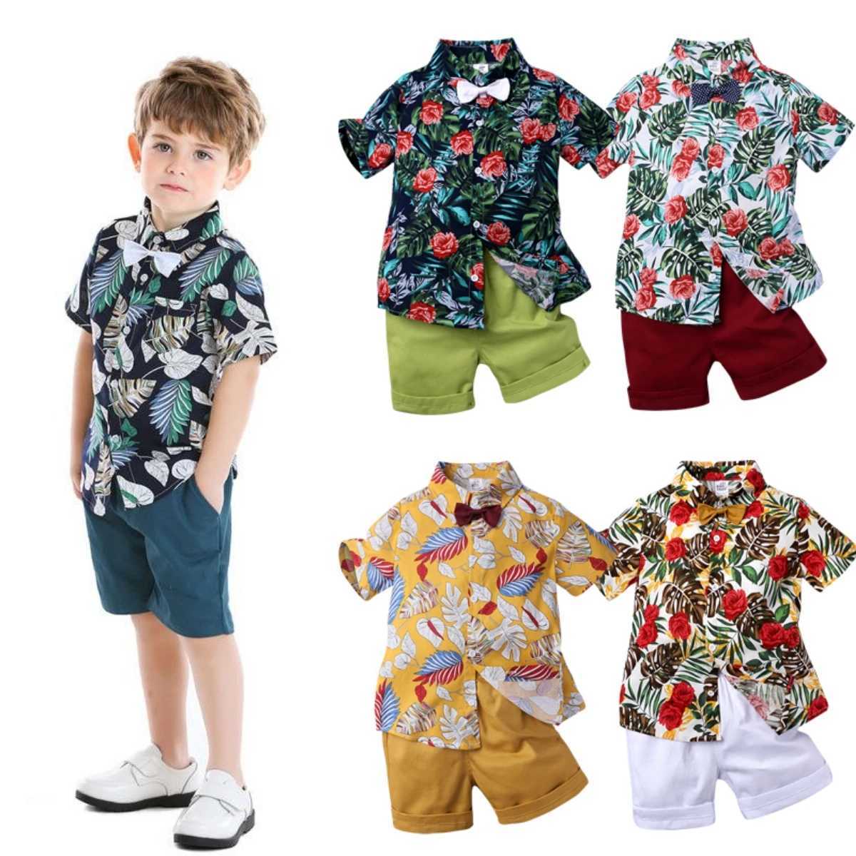 2025 Boys Sets Summer Haiian Outfit Infant Kids Floral Print Short Sleeve Shirt Bowtie Shirt+Shorts Baby Gentleman Suits W250218