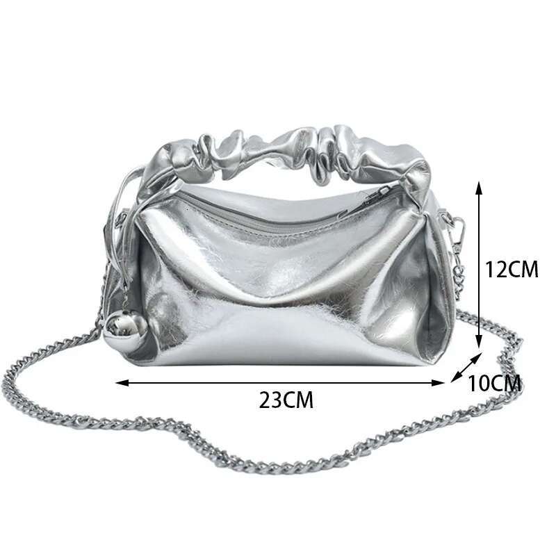 Sier PU leather women chain crossbody 2024 High quality pleated handbag Fashion pillow bag