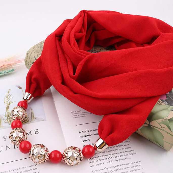 Fashion Head Scarves Solid Color Chiffon Beads Scarf Necklace For Women Maxi Statement Necklaces Jewelry W250218